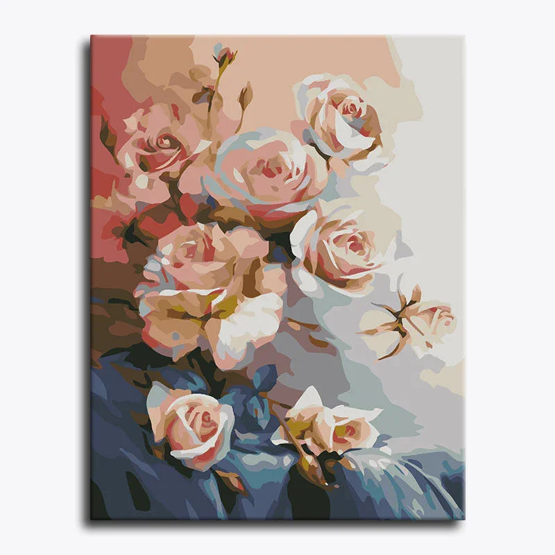 Canvas print of a bouquet of roses with a soft color palette on a white background