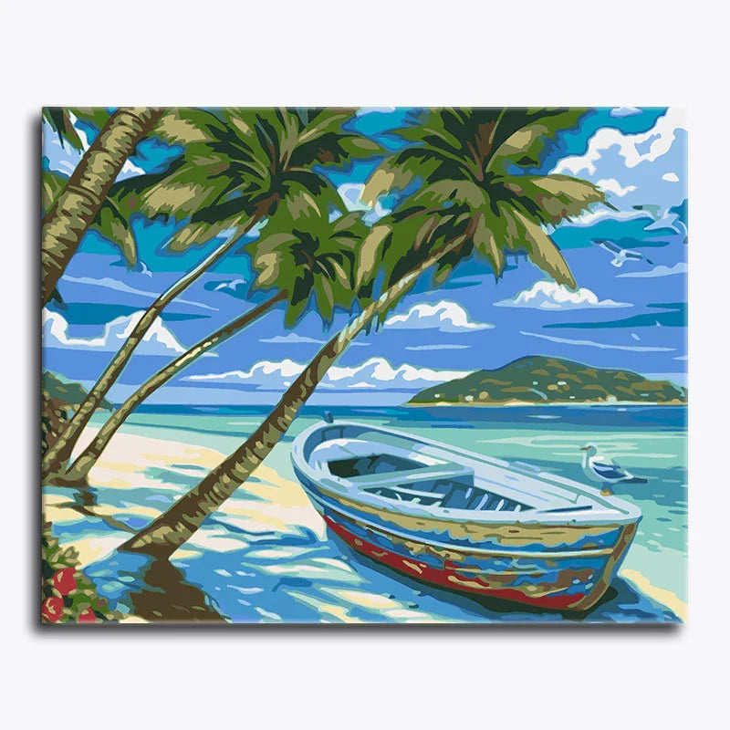 Tropical beach scene with a boat, palm trees, and a clear blue sky.