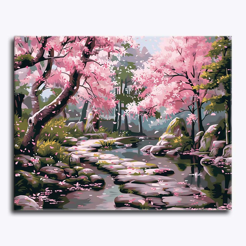 Paint by numbers kit featuring a serene Sakura Path with cherry blossom trees, a stone walkway, and a peaceful stream.