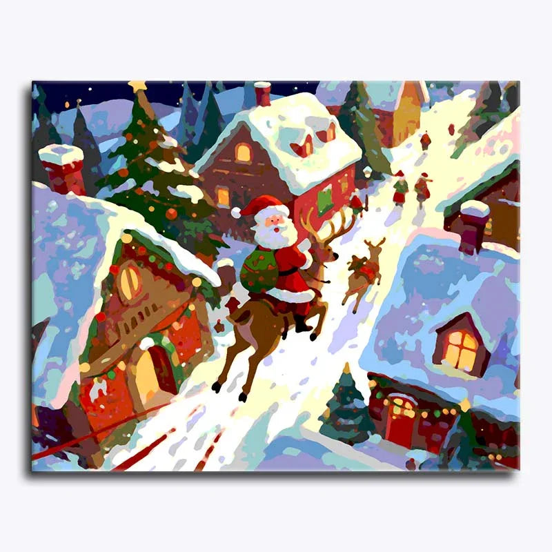 Painting of Santa Claus riding a reindeer through a snowy village.