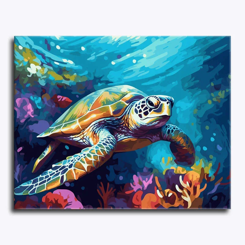 Colorful painting of a sea turtle swimming among colorful coral in an underwater scene.