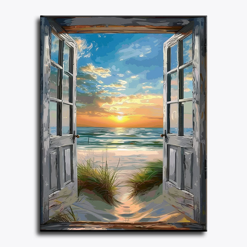 Painting of an open door leading to a beach sunset scene