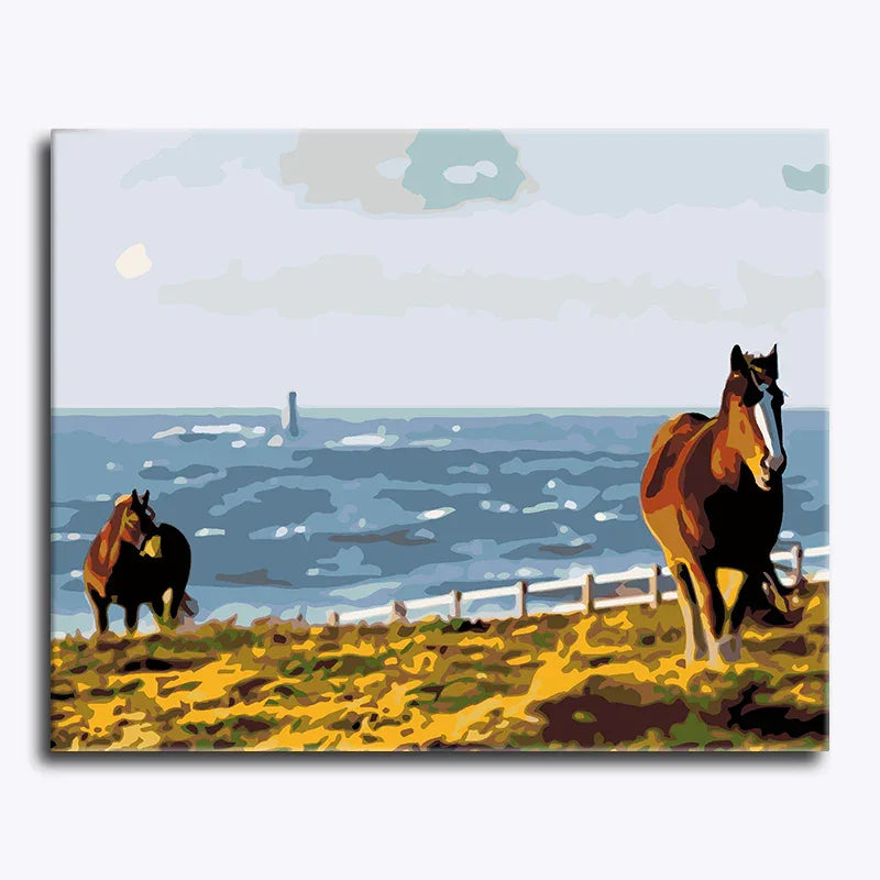 Two horses in a field with a blue sky and clouds.