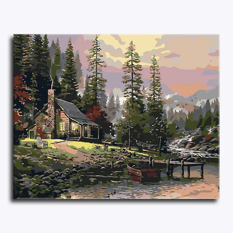 Painting of a cabin by a lake with trees and mountains in the background