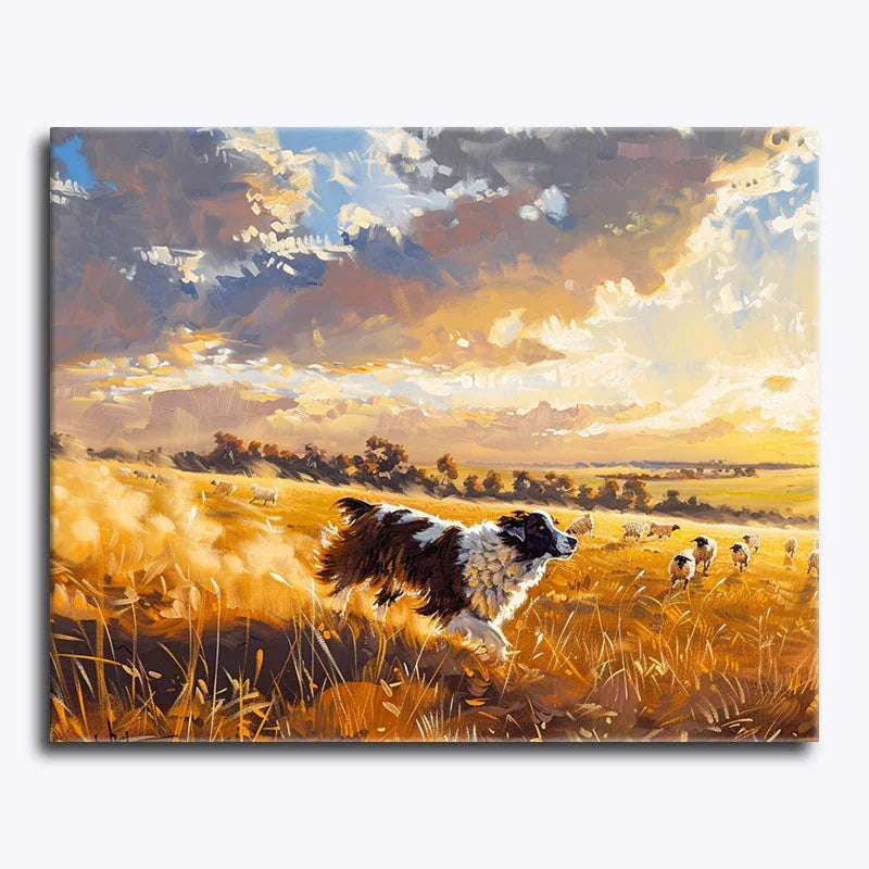 Painting of a dog running through a field with a sunset sky