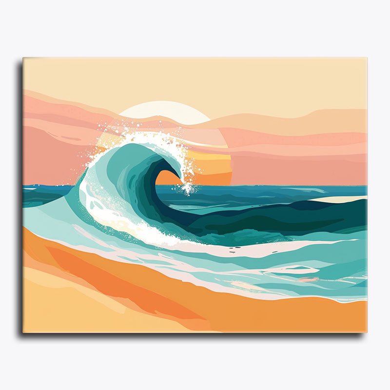 Stylized wave curling toward a sunny shoreline with bold color blocks.