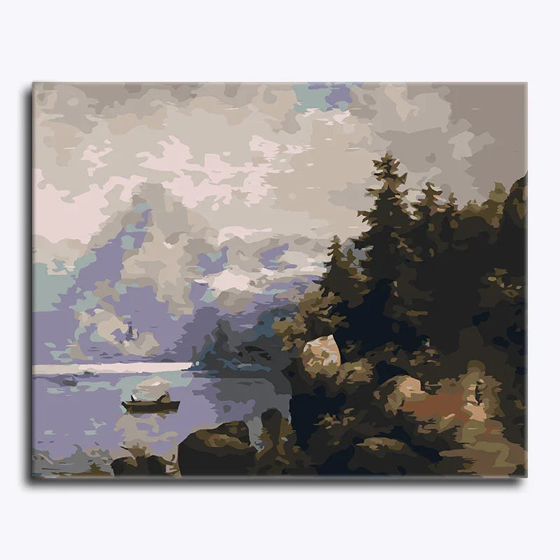 Painting of a landscape with trees, water, and clouds
