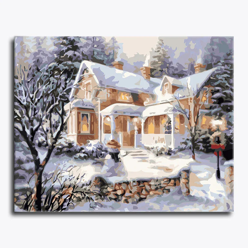 Painting of a snowy house with trees and a path