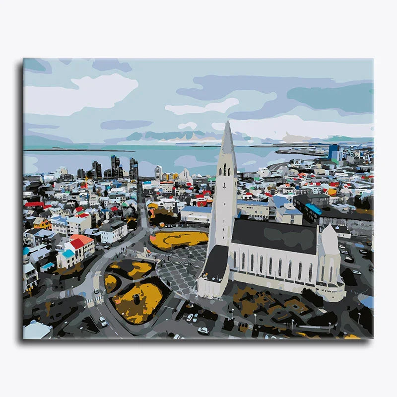 Cityscape painting with a prominent church and colorful buildings