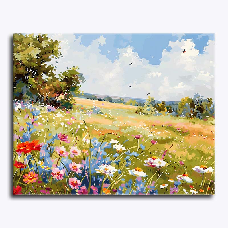 Painting of a colorful field with flowers and trees under a blue sky.