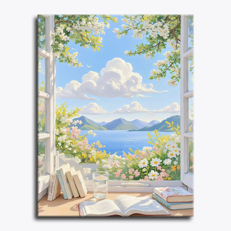 Painting of an open window with a view of a lake and mountains, books, and a glass on a windowsill.