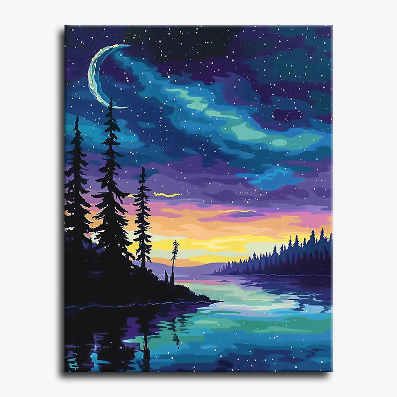 Painting of a night sky over a lake with trees and stars