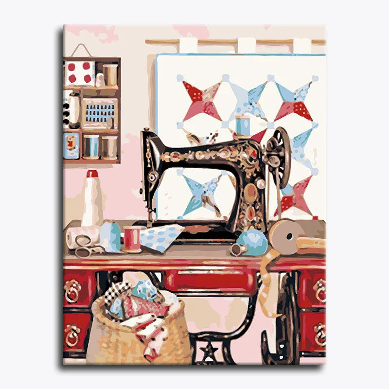 Vintage sewing machine with fabric and thread in a colorful room setting