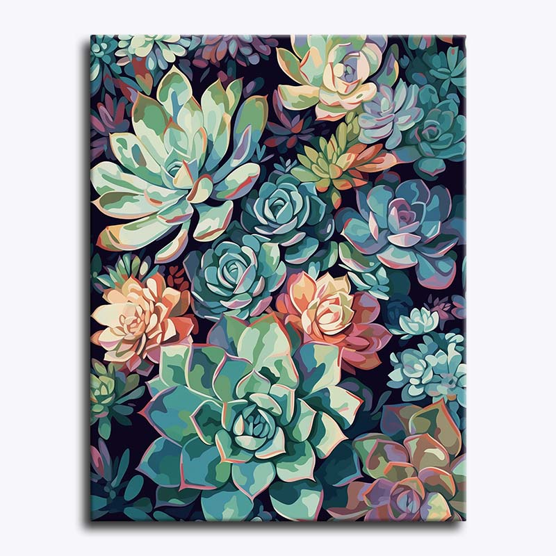 Canvas print with colorful succulent pattern on a dark background