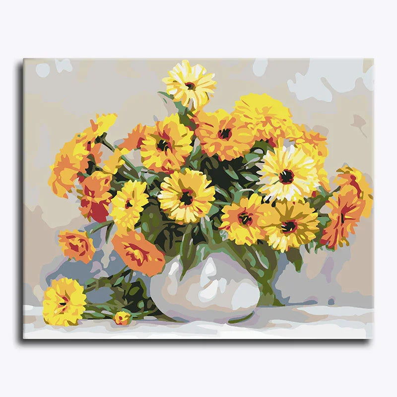 Painting of a bouquet of yellow and orange flowers in a vase on a beige background