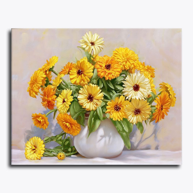 Painting of a bouquet of yellow and orange flowers in a vase on a beige background