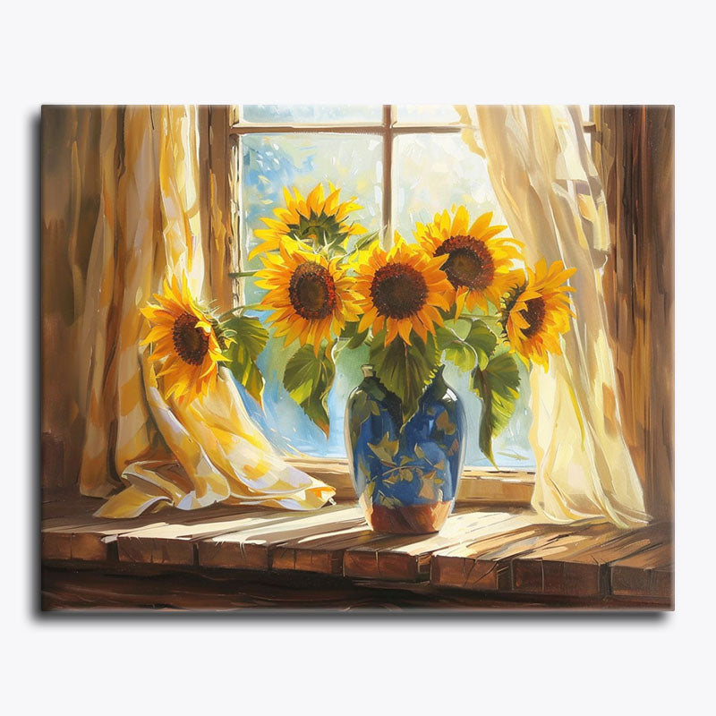 Painting of sunflowers in a vase on a windowsill with curtains