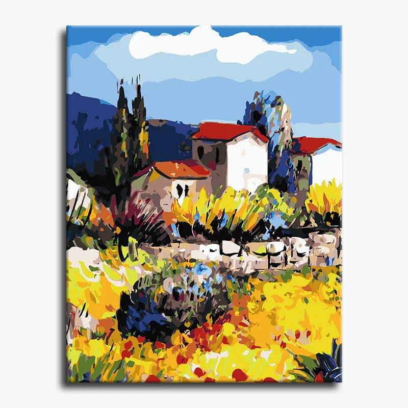Colorful abstract painting of a village scene with houses and fields.