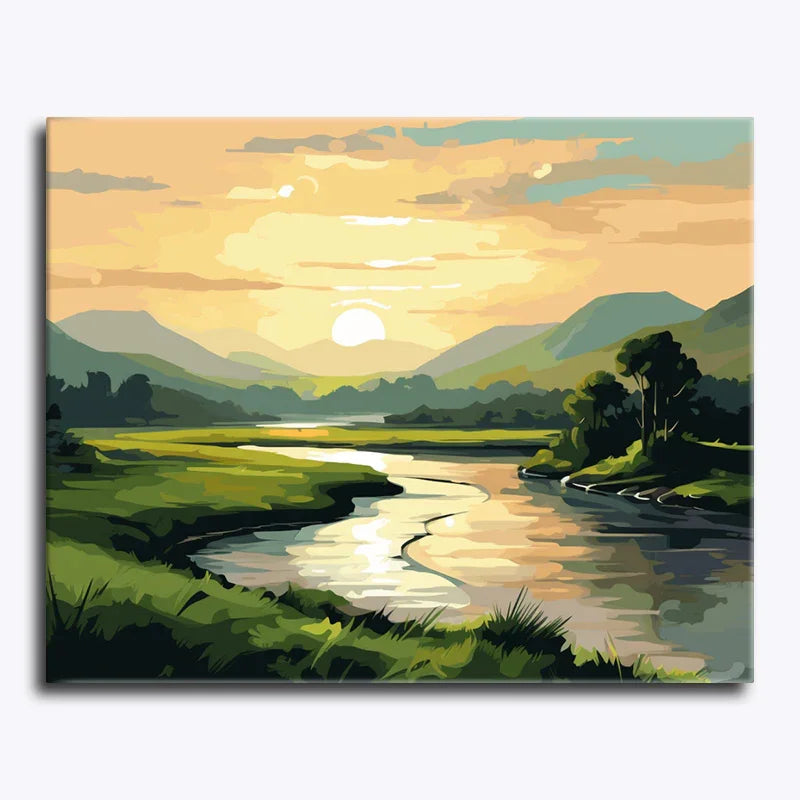 Painting of a sunset over a lake with mountains in the background