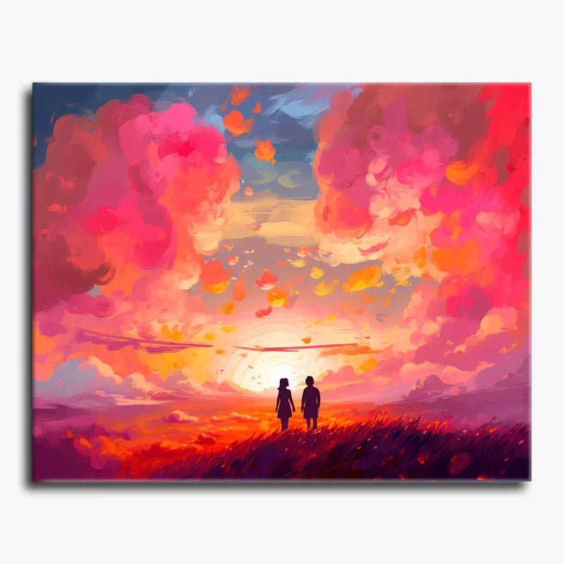 Two people walking in a field with a vibrant, colorful sky