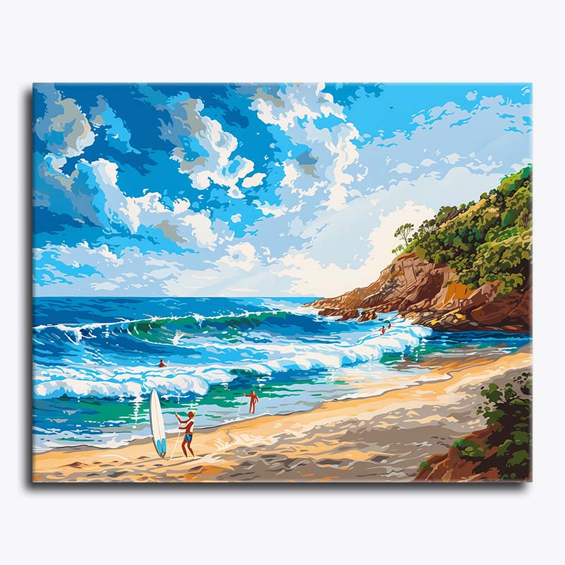 Painting of a beach scene with people and a surfboard.