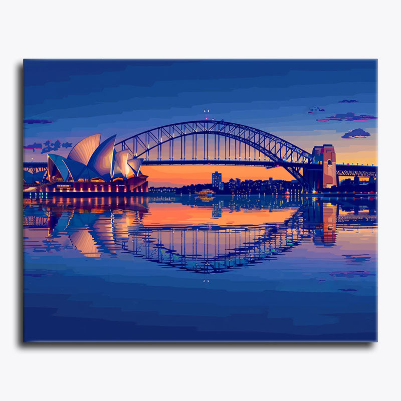 Sydney Harbour Bridge and Opera House at sunset with reflections in the harbor, paint by numbers style.