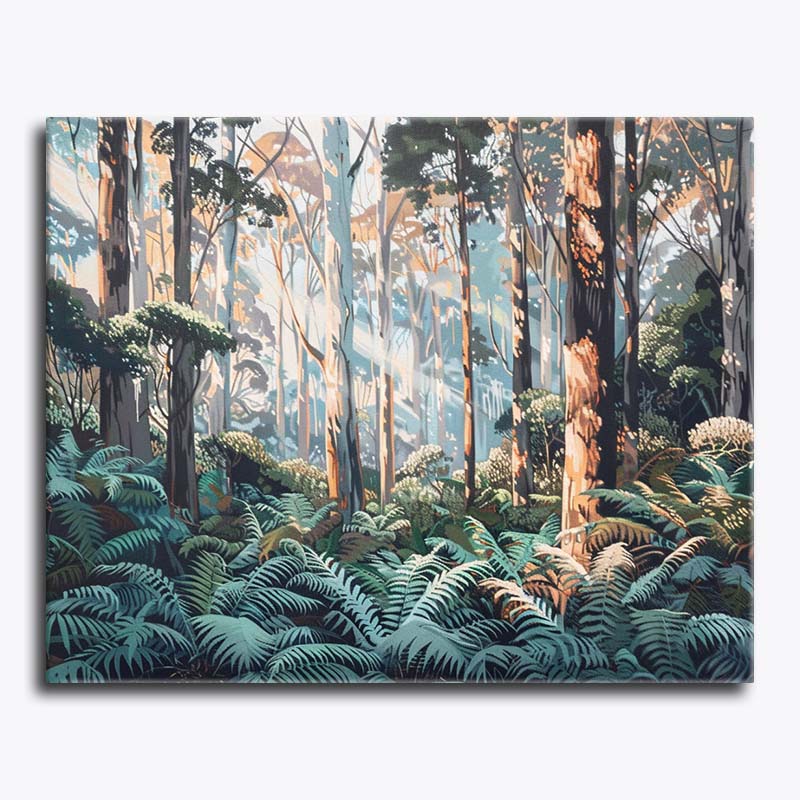 Tasmanian forest paint by numbers with eucalyptus trees and ferns in soft light