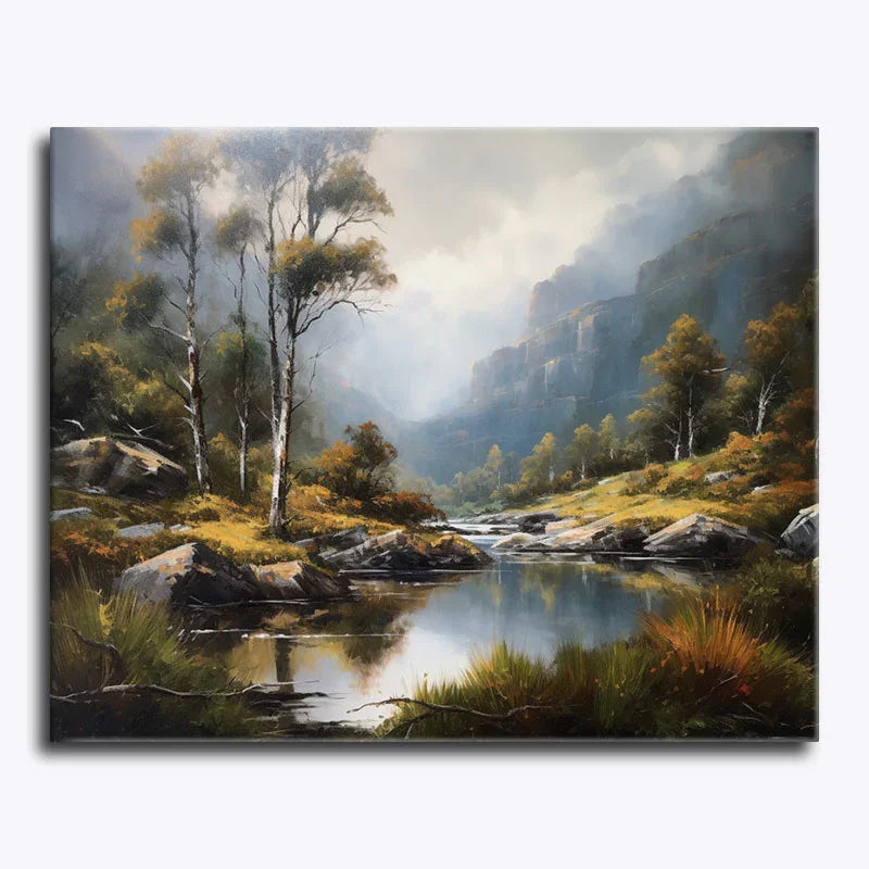 Painting of a serene landscape with trees, rocks, and a stream.