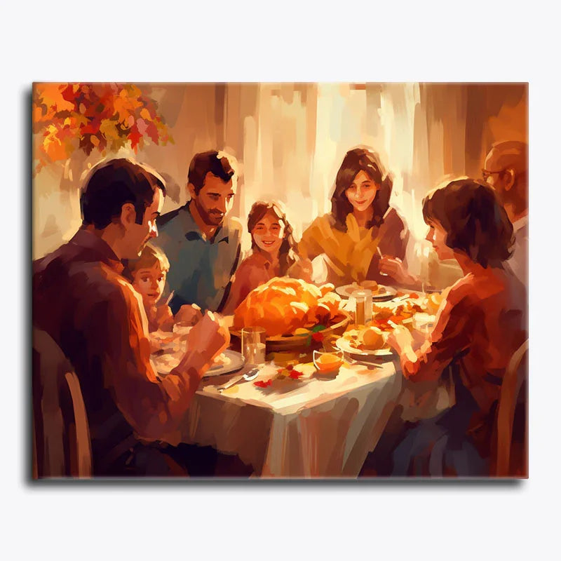 Family gathered around a dining table with a large roasted turkey, set against a warm, cozy background.