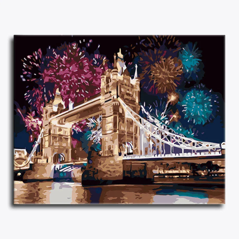 Painting of Tower Bridge with colorful fireworks in the background