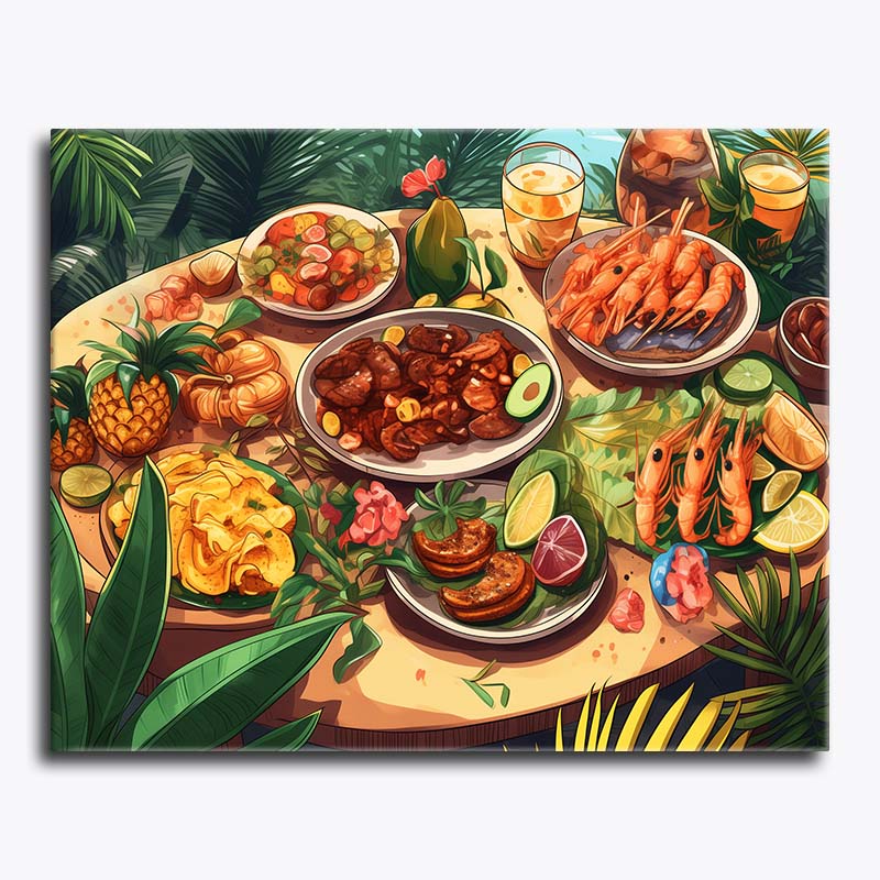 A colorful paint by numbers kit titled Tropical Feast, featuring a summer table filled with tropical fruits, seafood, grilled dishes, and vibrant garnishes surrounded by lush greenery.