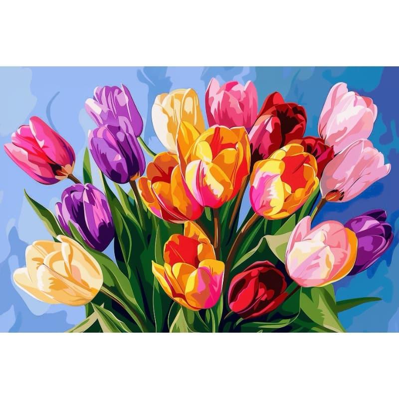 Colorful tulips on a blue background