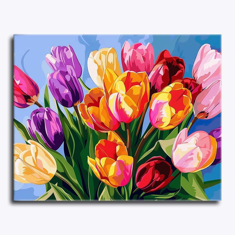 Colorful tulips painting on a blue background