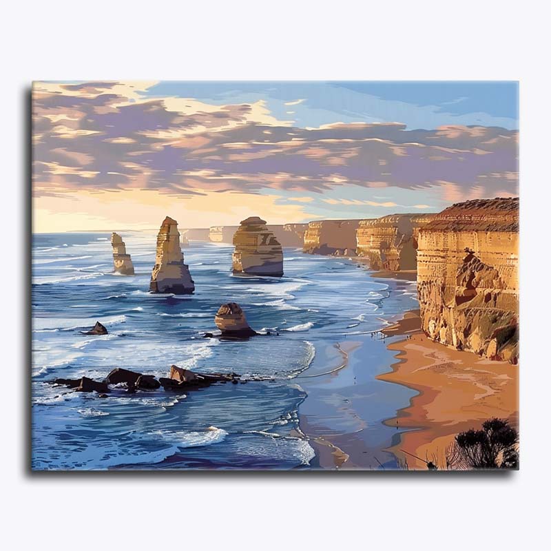 Twelve Apostles coastline paint by numbers with ocean cliffs and sunset sky.