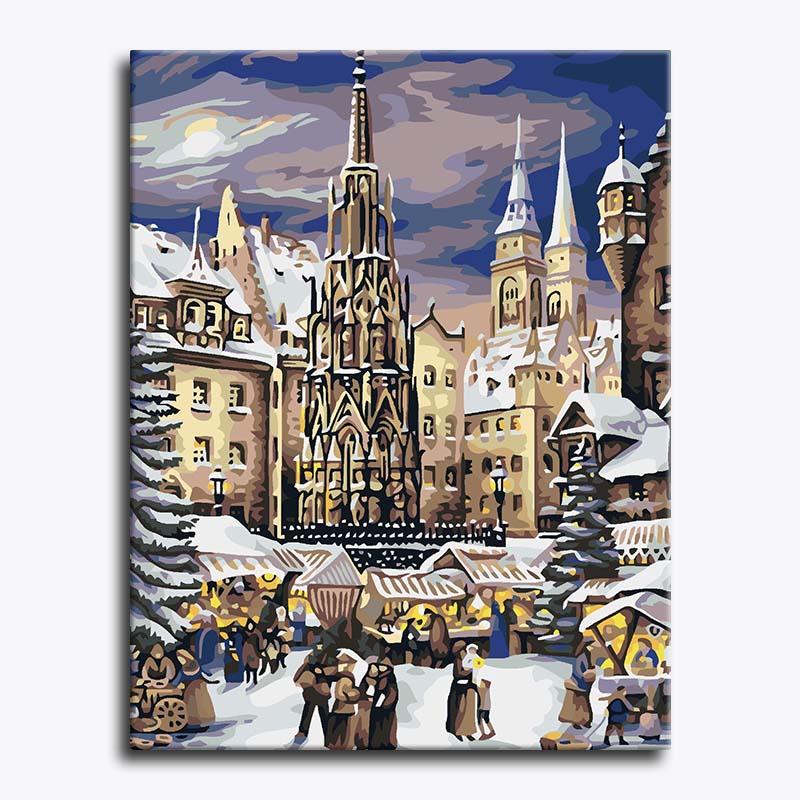 Painting of a snowy European cityscape with a large cathedral.