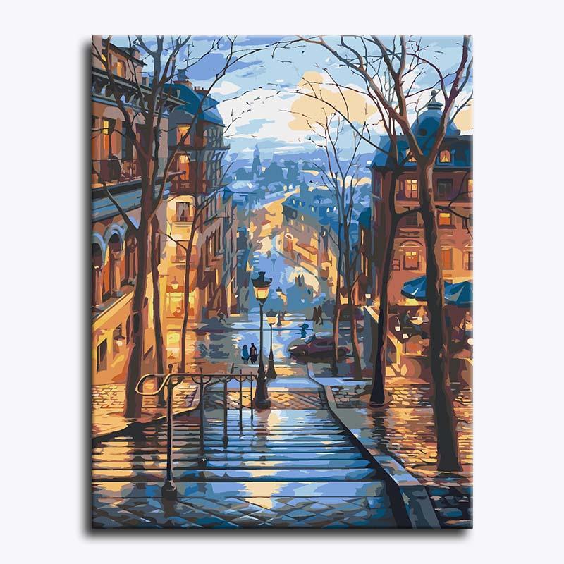 Painting of a city street at night with illuminated buildings and people walking.