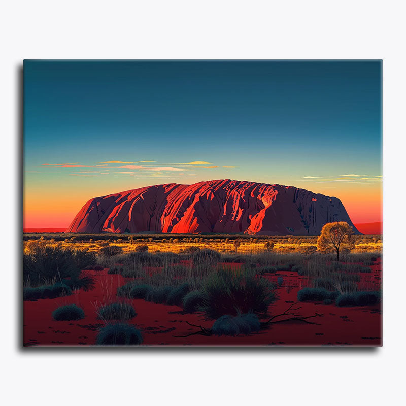 Paint by numbers artwork of Uluru in warm ochre tones at sunset
