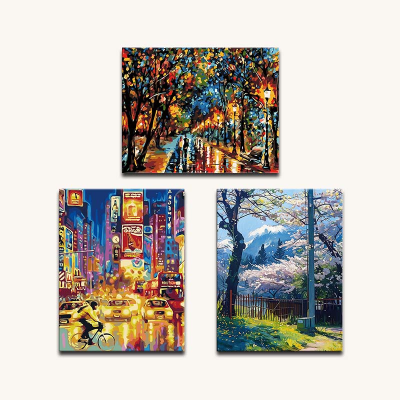 Three colorful paintings of urban and natural scenes on a white background