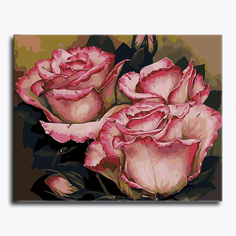 Painting of two pink roses on a brown background