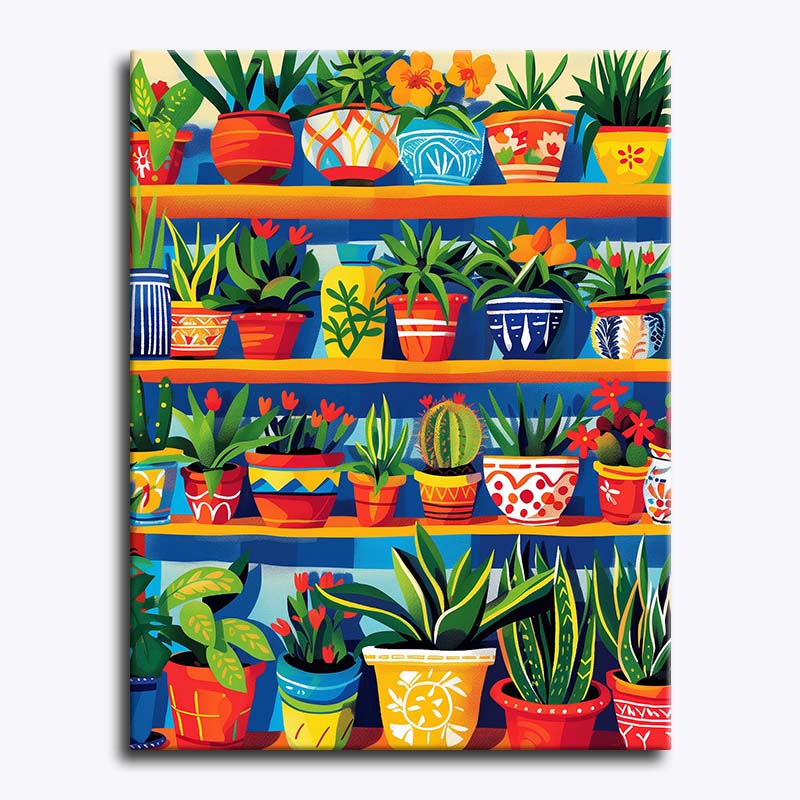 Colorful pattern of potted plants on a white background
