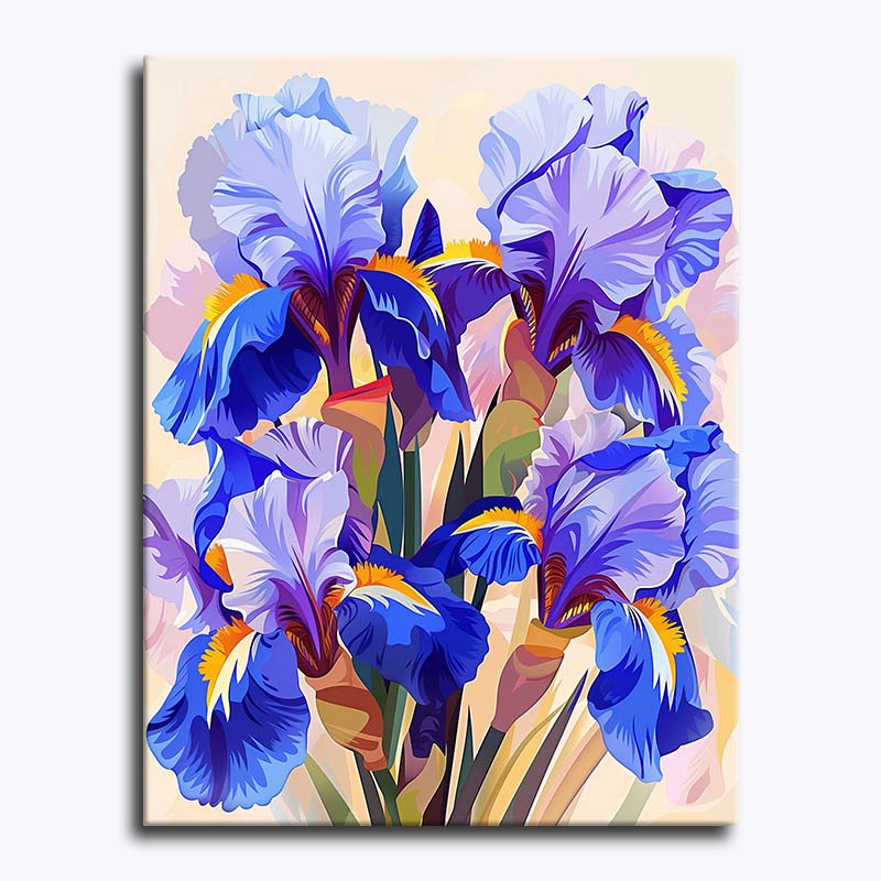 Canvas print of blue irises on a beige background
