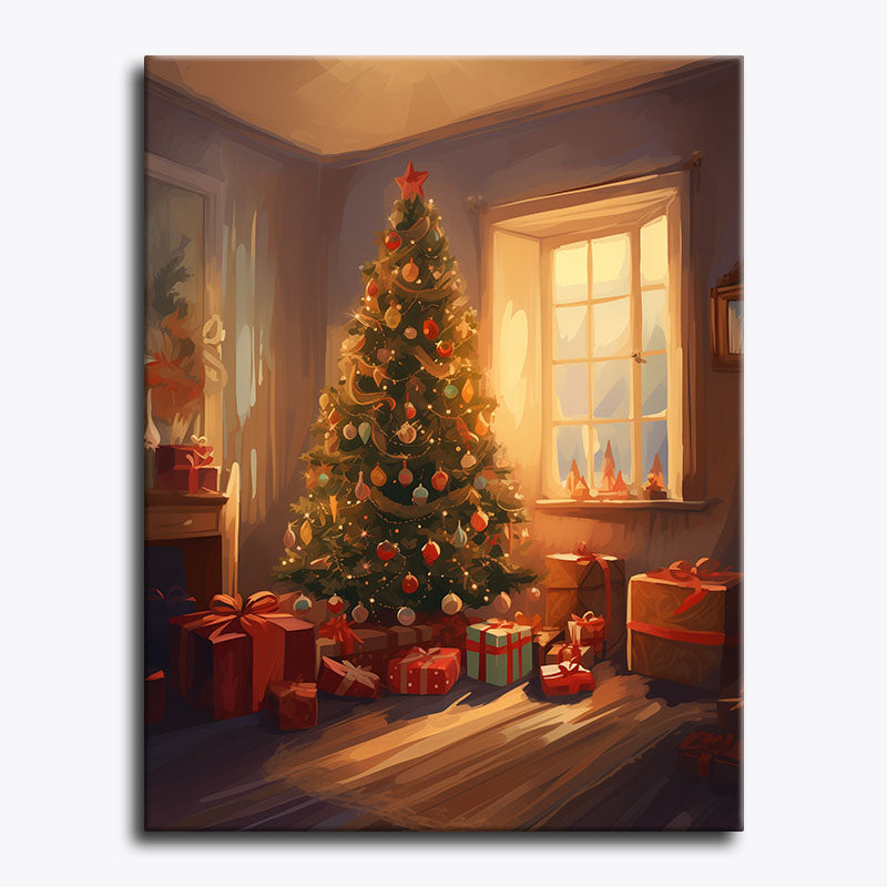 Decorated Christmas tree with ornaments and presents in a room with a window.