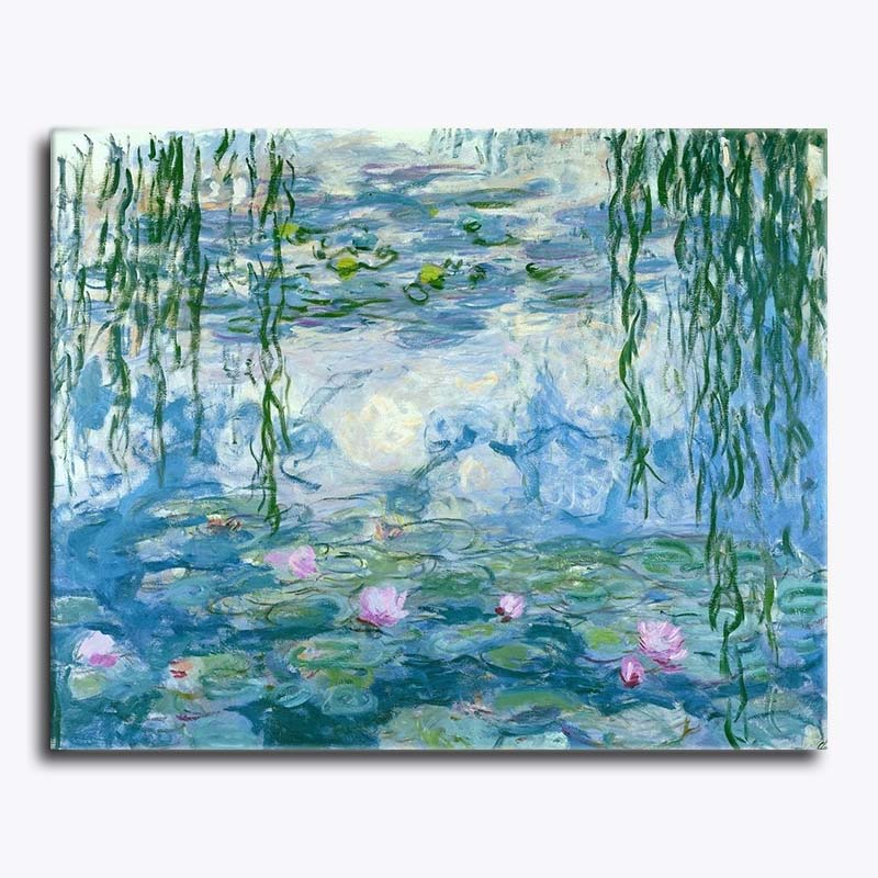 Painting of water lilies and swans on a pond with green reeds.