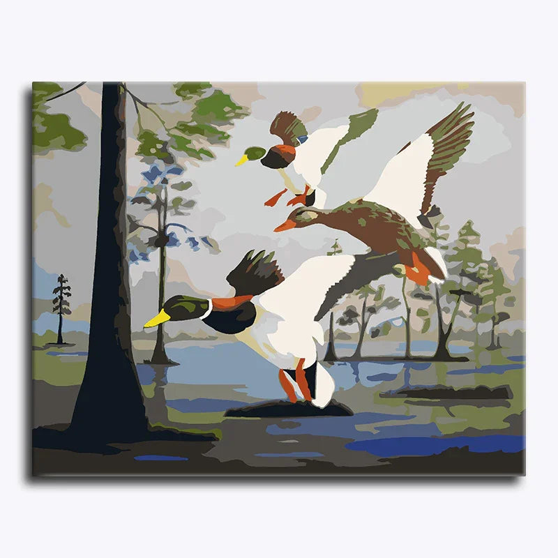 Canvas print of ducks flying over a forest scene with trees and water.