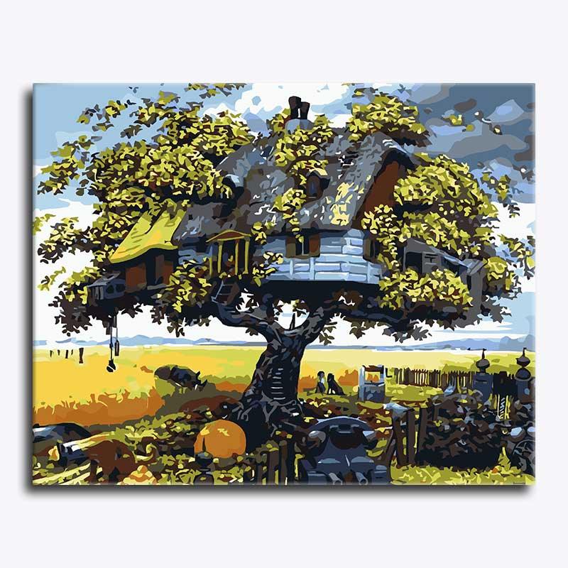 Painting of a treehouse with children playing in a field