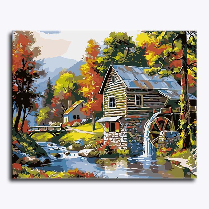 Painting of a rustic mill with waterwheel surrounded by trees and mountains.