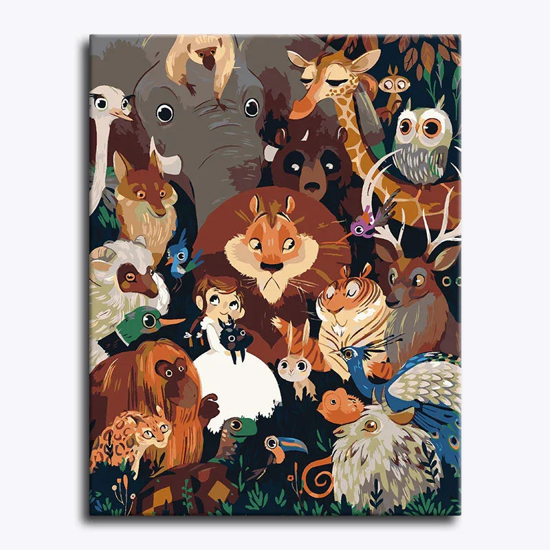 Canvas print with a colorful illustration of a girl surrounded by various animals on a dark background.