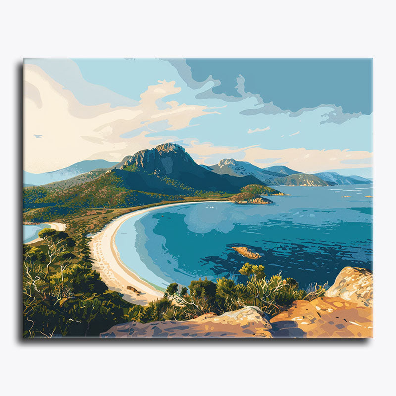 Wineglass Bay with curving shoreline and coastal mountains in paint by numbers style.