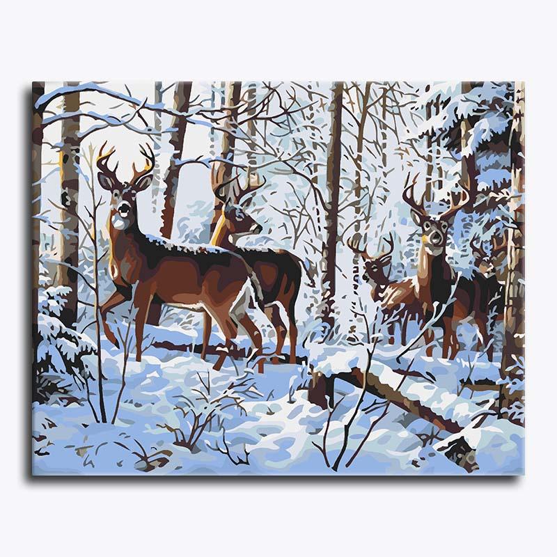 Painting of deer in a snowy forest