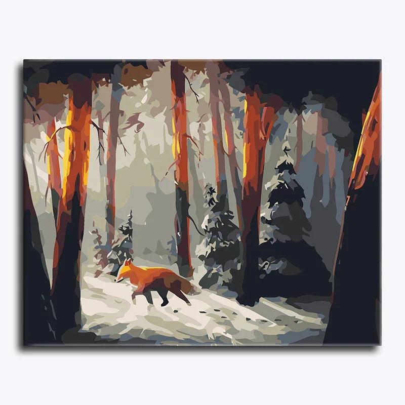 Painting of a fox in a forest with trees and snow